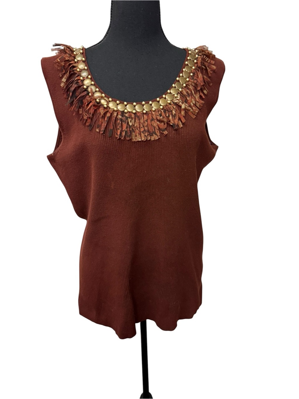 Ruby Rd Brown Embellished Fringe Tank 1X Boho Western Festival Chic Top - Picture 2 of 11